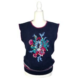 Vintage Sweater Vest Size Small Medium Floral Ramie Cotton Indigo Blue Multi